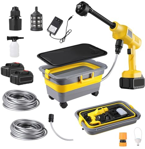 Akku Hochdruckreiniger, 36 Bar Kabelloser Hochdruckreiniger mit 23L Faltbarer Wassertank, 6-in-1-Multifunktionsdüse, Mobiler Hochdruckreiniger für Autos, Fenster, Pools (3000mah Akku*2)