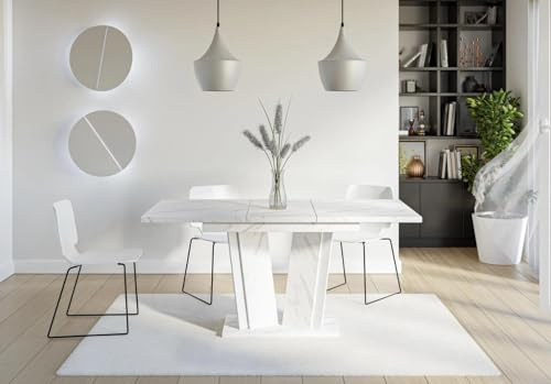 Extendable Dining Table | Modern Dining Table, Ideal for 10 Diners | Solid Base with Reinforced Legs for Maximum Stability | Modern and Easy-to-Clean 120-160 x 80cm, Royal White Marble (UK Design)