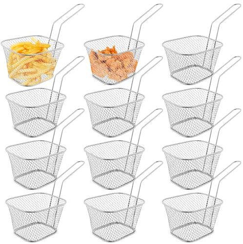 Lot de 12 paniers à frites, panier à frites, panier à friteuse en acier inoxydable avec poignée, panier de service pour frites, crevettes, rondelles d'oignon