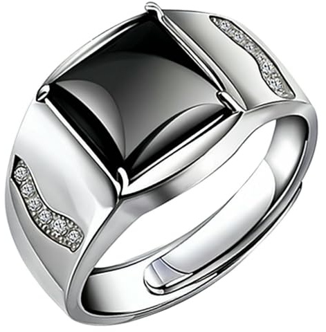 Jpltlvy Anello in onice nero con pietra quadrata lucida e fascia regolabile, gioiello minimalista da uomo, Regolabile, lega d'argento