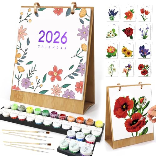 YushengTai Måla efter siffror kalender 2026 – DIY bordskalender med 12 Gblomma och akrylfärger – Inkl. pensel – kreativ bordskalender för kontor och heminredning
