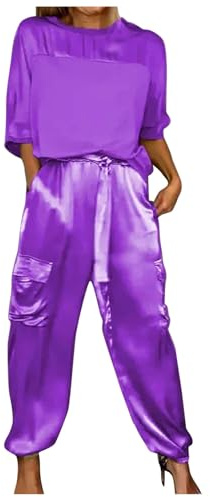 Generisch 2026 - Set da donna in raso liscio a mezza manica top pantaloni.set pigiama estivo casual raso per donna tuta pigiama donna, Lilla, S