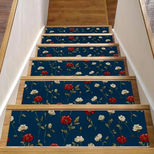 15 gradini per scale in legno, 20,3 x 76,2 cm, antiscivolo, per interni, per bambini, anziani e animali domestici, motivo con piccoli fiori carini, senza cuciture
