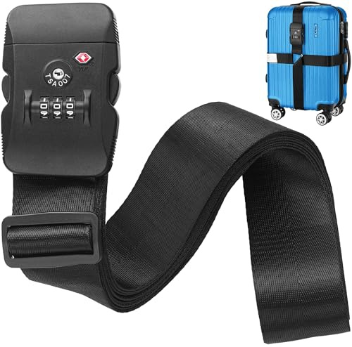 BlueCosto - Sangle de Bagage avec Serrure TSA - Réglable de 2,2 à 4 m, Noir Jais - Ceinture de Sécurité pour Valise Approuvée par la TSA avec Serrure à Combinaison à 3 Chiffres