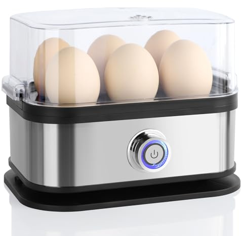 VINATO Hervidor de Huevos Eléctrico 6 Huevos | Poco Hechos, Medios, Duros y Escalfados | Fácil de Limpiar, plata