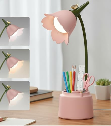 Blume LED Schreibtischlampe mit Stifthalter für Kinder, Dimmbare Tischlampe 3 Farbtemperaturen, Flexibler Leselampe Augenfreundliche Desk Lamp Tischleuchte Faltbar Nachttischlampe für Lernen (Rosa)