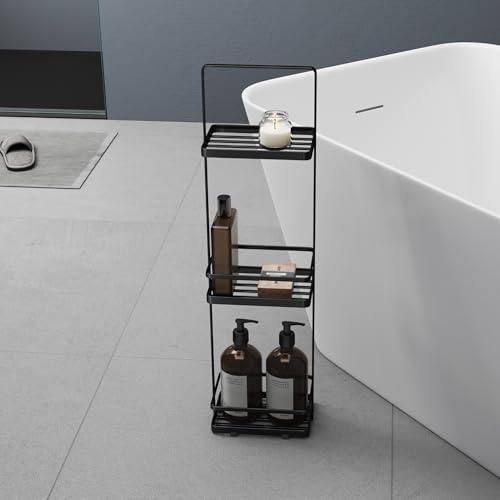 Mai & Mai Estante de Baño de Pie con 3 Niveles, Espacio Amplio para Almacenaje, Asa Práctica, Drenaje Rápido, de Acero Carbono y Base Antideslizante, Ideal para Baño y Bañera, Negro,Reglo-02