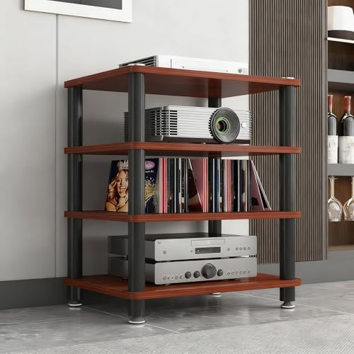 JDPYURV Mobile Hifi Supporto Multimediale,Mobile Stereo hi fi Rack,Vintage in Legno Massello con Gambe Metallo, Design a Griglia Aperta, Ripiani Legno Spesso E0(Red,Solid Wood)