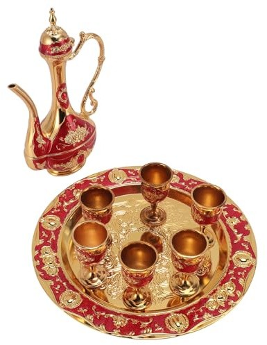 Sxhlseller Vintage Turkish Coffee Pot Set Elegant Zinc Alloy Tea Pot and Cups for Home Decor or Coffee Shop (Gold Red)