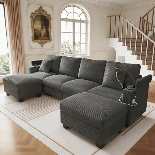 Divano componibile 6 posti a U con porta ricarica USB e porta cellular,divano angolare a U,divano modulare a L,divano trasformabile con funzione letto,divani Componibili 6 posti,velluto a coste,Grigio