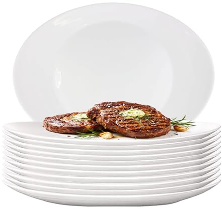 UHL 30cm Porcelain Serving Platters Set of 12 Steak Plates, White Oval Dish Serving Plate for Party, Buffets, Appetisers, Dessert, Snacks, Salad, Large Dinner Plates Set, Microwave & Dishwasher Safe
