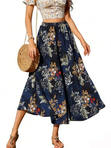Koerye Gonna Lunga Donna Estive Maxi Gonna a A-Linea retrò Elegante Vita Alta Maxi Gonne con Coulisse Vita Elastica Boho Gonne Blu Navy Floreale,S