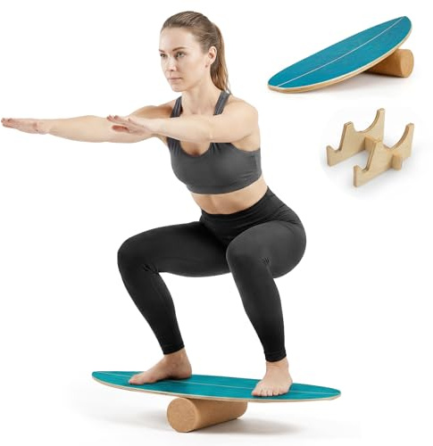 GYMAX Balance Board aus Birkholz, Indoor Surfboard mit Aufbewahrungsständer & Korkrolle, Wackelbrett für Surf-, Skateboard-, Snowboard, Fitness & Kraft-Training, Gleichgewichtstrainer (Ozeanblau)