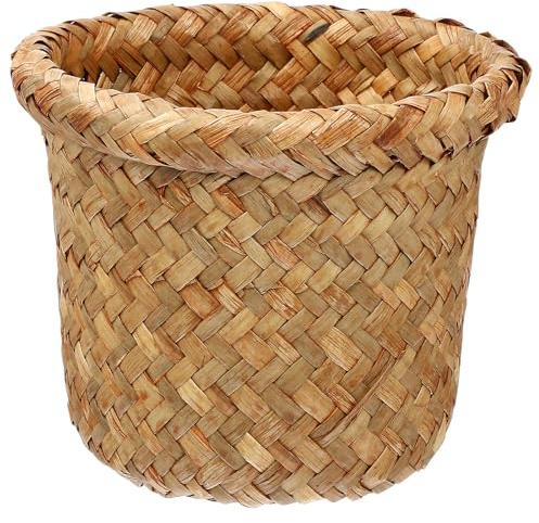 KHBUAB Woven Trash Bucket Orange Small 15x12cm Handcrafted Seagrass Wastebasket Household Storage Bin Office Trash Can Accessories