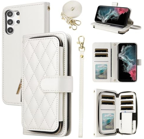 ELISORLI Wallet Case for Samsung Galaxy S26 Ultra 5G with Detachable Wrist Strap Shoulder Strap 9 Card Slots Zipper Purse Stand Cell Phone Cover for S26Ultra 26S S 26 26Ultra 6.9 2026 Women White