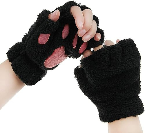 YJZQ Damen Fingerlos Handschuhe Winter Katze Claw Bear Pfote Plüsch Fäustlinge Niedliche Cartoon Halbfinger Handschuhe Warme Fausthandschuh Outdoor Dicke Handwärmer