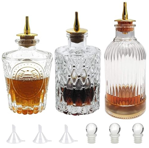 LINALL Bitters Bottle Set - Glass Vintage Bottle, Decorative Bottles with Dash Top, Dasher Bottles for Making Cocktail Great For Bartender Home Bar (3 pack)
