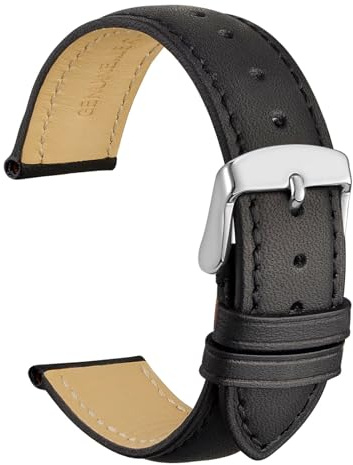 WOCCI 24mm Vintage Leder Uhrenarmband mit Edelstahl Silber Schließe (Schwarz)
