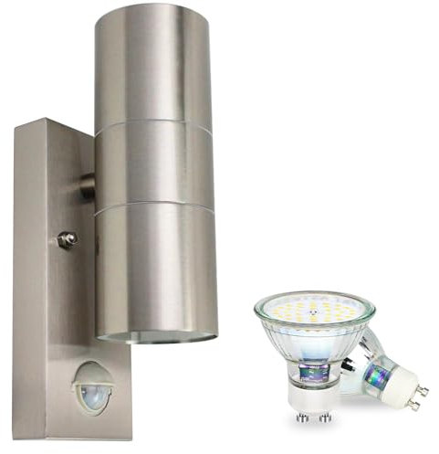 Allesgute Outdoor Wall Lights PIR Motion Sensor IP44 Up and Down Outside Wall Lights Mains Powered 240V Stainless Steel with 2X 5W GU10 Bulbs Cool White