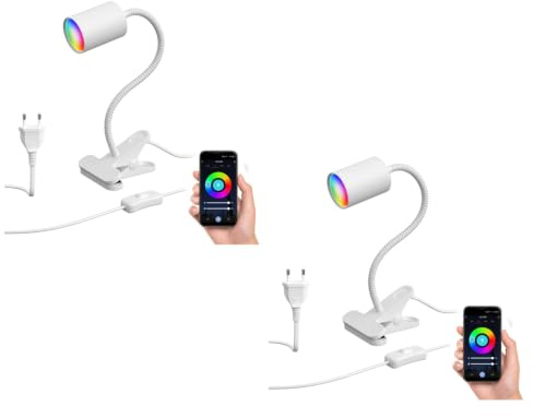 ledscom.de 2x Klemmleuchte WAIKA mit Schwanenhals und Schalter weiß matt, inkl. Smart Home RGBW GU10 LED Lampe, 5,41W, 473lm