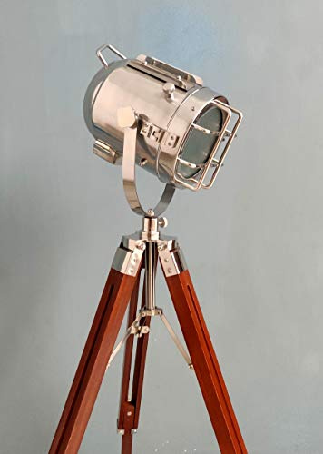 Nautical Chrome Spot Luce Lampada da Terra con Treppiede in Legno Handmade Marine Studio Searchlight Casa Decorativo E 27 Lampadina Lampada