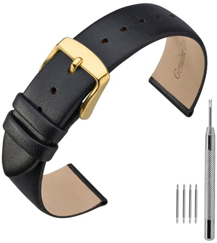 ANNEFIT Cinturini per Orologi in pelle, Cinturino 18mm con Fibbia Oro, Comapatibile con Orologi Intelligenti e Tradizionali (Nero)