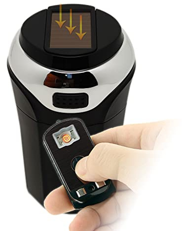 Cenicero de coche con energía solar con encendedor y luz LED, desmontable y portátil (Negro)