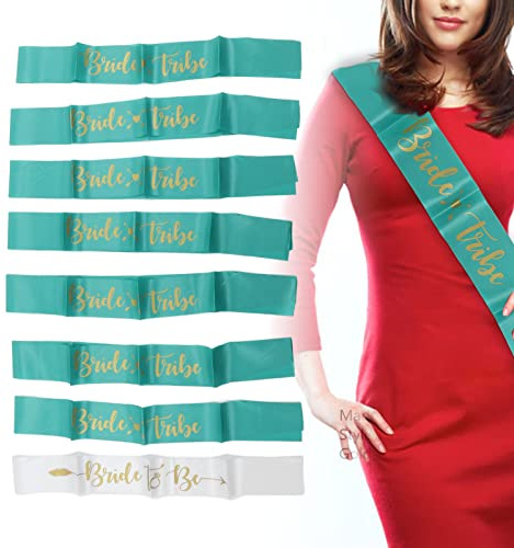 Premium Satin Schärpe Bachelorette Schärpe Set Brautjungfer Schärpe Polyester Schärpe Dekoration, 8 Stück Braut Brautjungfer Schärpe für Frau Mädchen Schärpenstangen Fensterstangen (Weiß und Grün)