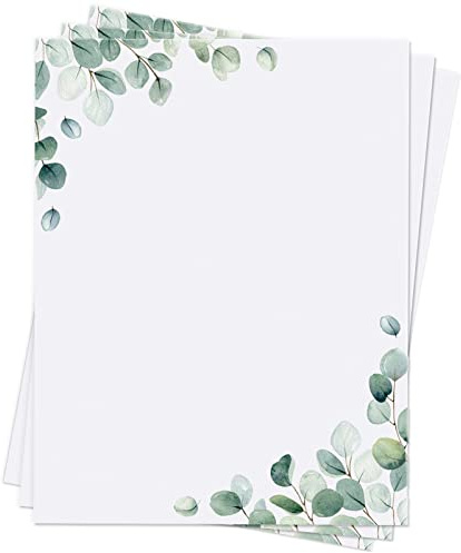 Roowest 150 Sheets Eucalyptus Stationery Paper Decorative Greenery Leaf Printer Paper 8.5 x 11'' with Border Design Decorative Elegant Writing Letterhead Sheets for School Writing Home Office Supplies