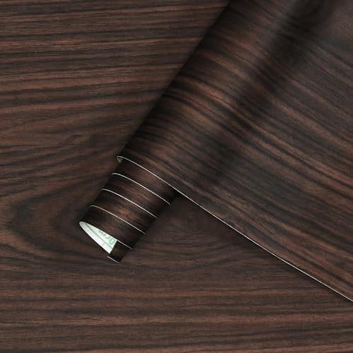 JSEVEM 40 cm x 3 m självhäftande tapet imitation valnöt träådring självhäftande film mörkbrun svart träfiber vattentät kök badrum skrivbord väggdekoration extra tjock anti-fukt hållbar renovering