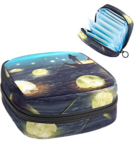 Aufbewahrungstasche für Damenbinden, Menstruationstassen-Tasche, Perioden-Tasche, Organizer für weibliche Pads, Tampons, blühende Monde, die auf dem Meer schwimmen
