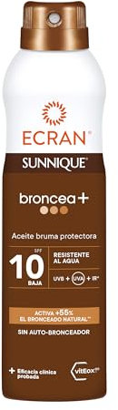 Ecran Sunnique - Bruma Aceite Protector FPS 10, Protección UVB + UVA e IR-A, Resistente al Agua, Con Tecnología Pure Bronze y VitEox 80, Activa el Bronceado Natural, Sin Autobronceador - 250 ml
