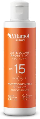 Vitamol Medium Sun Protection SPF 15 Sonnenmilch für Gesicht und Körper, die vor UVA- und UVB-Strahlen schützt. Kein Weißeffekt. Wasserbeständig