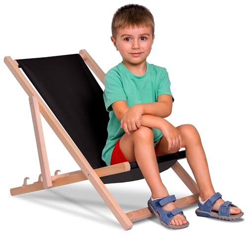 DreamRoots Kinder Liegestuhl Holz klappbar Outdoor, Black | Klappbarer Campingstuhl, faltbar, für Garten & Strand, bis 130 kg, waschbarer Bezug, 100% Polyester, UV-beständig