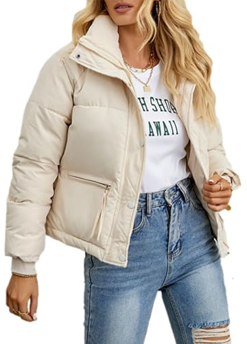 Zontroldy Abrigos cortos de invierno para mujer, de manga larga, cuello alto, con cremallera, Beige, S