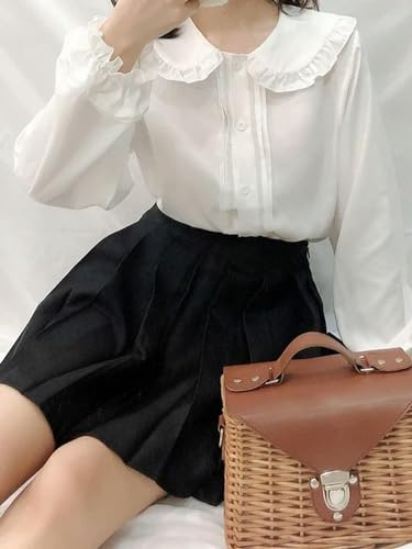 FRESQA Chemise Blanche à col Claudine pour Femmes, Kawaii, Chemisiers boutonnés, Manches Longues, Mignons Hauts à Volants, Style Lolita Mori Girl esthétique