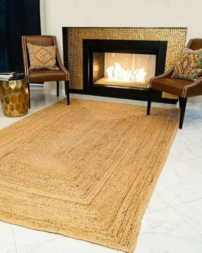 EcoKunst Jute Teppich Rechteckig Wohnzimmer| 200 x 300 cm I Modern Handgefertigt 100% Naturfaser Läufer | Boho Deco für Schlafzimmer, Küche, Outdoor, Flur - Beige, EKR-J111