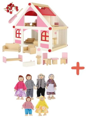 Casa delle bambole in legno, rosa con mobili 26x39x36 cm, per bambini da 3 anni - in OMAGGIO famiglia di legno con 6 personaggi