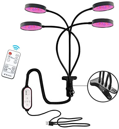 GaRcan Lampe de Culture LED à Spectre Complet, 4 têtes, 9 Niveaux d'intensité Variable, minuterie 4H/8H/12H, pour Plantes d'intérieur, semis hydroponiques Succulents