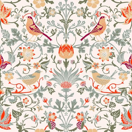 ReWallpaper Bird Flower Wallpapers Walls Peel and Stick Wallpaper Beige Botanical Green Sticky Vinyl Wrap for Furniture Floral Tropical Wallpaper Self Adhesive for Living Room 44.5CMx3M