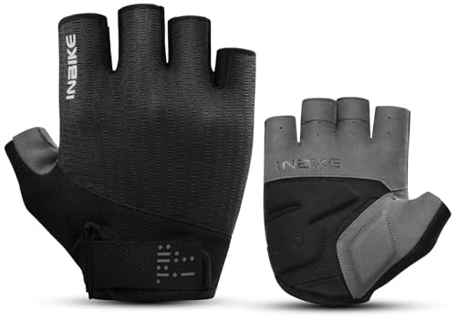 INBIKE Cycling Gloves for Men Women, Shock-Absorbing Memory Gel Padded Road Bike Gloves, Bicycle Breathable Half Finger Touchscreen Reflective Biking Gloves Black Small