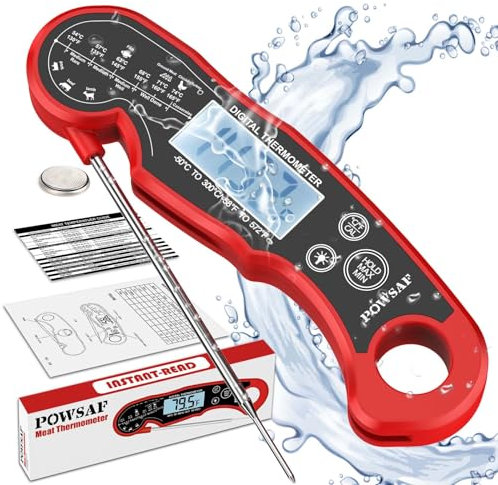 POWSAF Termometro Cocina, Termómetro Carne Digital, Termometro Horno de Lectura Instantánea Ultrarrápida, Resistente al Agua IPX6, con Sonda Larga Plegable y Pantalla LCD, Color Rojo