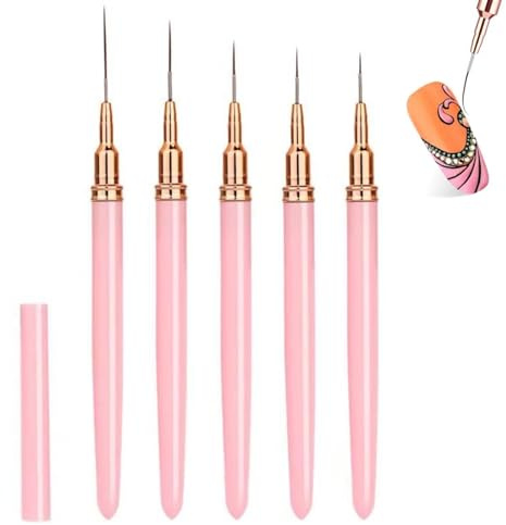 Nail Art Liner Brushes 5Pcs, Painting Nail Art Brushes Set 7/9/11/15/25mm, Nail Dotting Drawing Tool, Nail Art Design Brush, Detail Brush for Long Lines, Thin Details, Fine Drawing (pink)