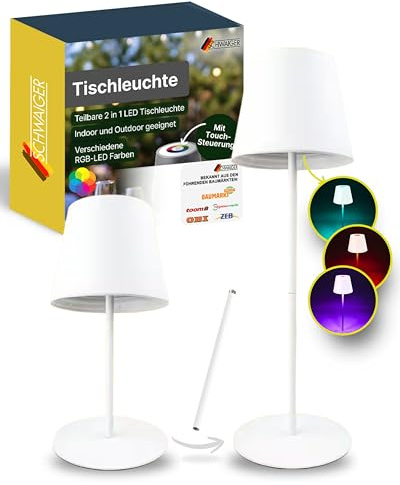 SCHWAIGER Tischleuchte I teilbare LED Tischlampe mit Touch-Steuerung I Akku-Lampe mit RGB und warmweiß I IP44 geschützt und aufladbar per USB-C I kabellose Lampe für Indoor & Outdoor