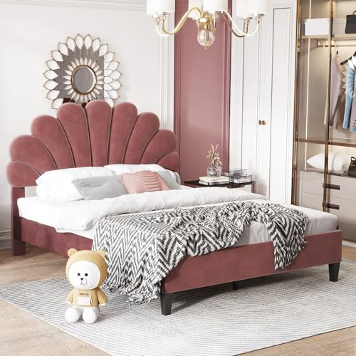 YCYDHDM Polsterbett 140x200 cm mit Kopfteil in Blumenform, Kinderbett Doppelbett, Stauraum unter dem Bett, Bettgestell aus Massivholz und Samt, Bett mit Lattenrost, Ohne Matratze, Mädchenbett, Rot