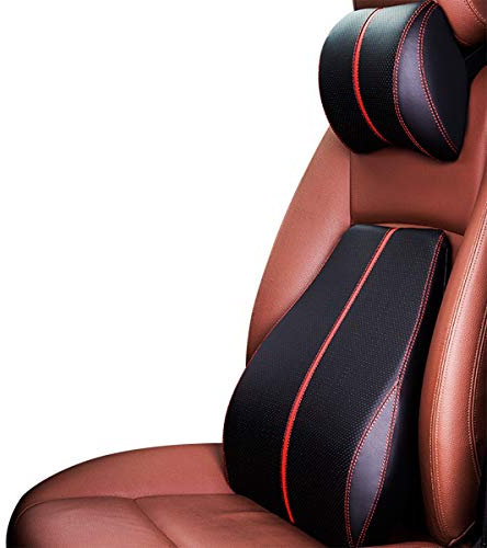 Posture Therapy Memory Foam Lumbar Cushion & Neck Pillow - Breathable PU Leather Back Support Cushion Lumbar Support Pillow Back Cushion for Home Office Car Travel - Black Red