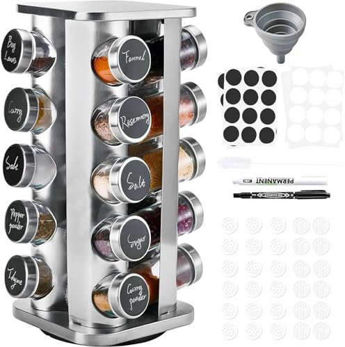 SAEIV Quadrat Gewürzregal Mit 20 Gewürzgläser, 360° Drehbarer Edelstahl Gewürzkarussell, Hochwertiger Edelstahldeckel Gewürzdosen Runder Gewürzstreuer
