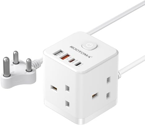 South Africa Plug Adapter, PD20W 3 Way Cube Extension Lead, Type M,1.5M | 4 Fast Charging USB (QC3.0/PD20W), Adapter for UK to South Africa, Namibia, Swaziland, Lesotho