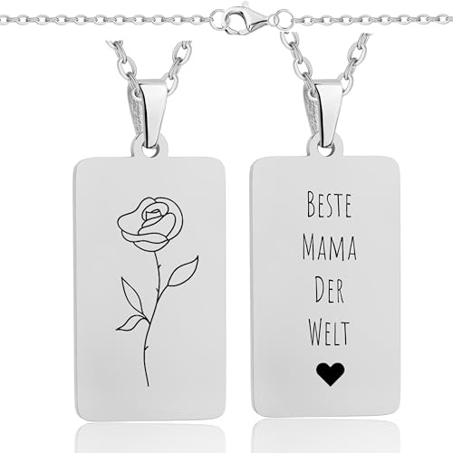 Lumari Gold Personalisierte Halskette mit Geburtsblume & Initialen Gravur – Rechteck Medaillon Silber, Edelstahl Anhänger langlebig & hypoallergen – Geschenk für Damen, Herren, Partner & Familie
