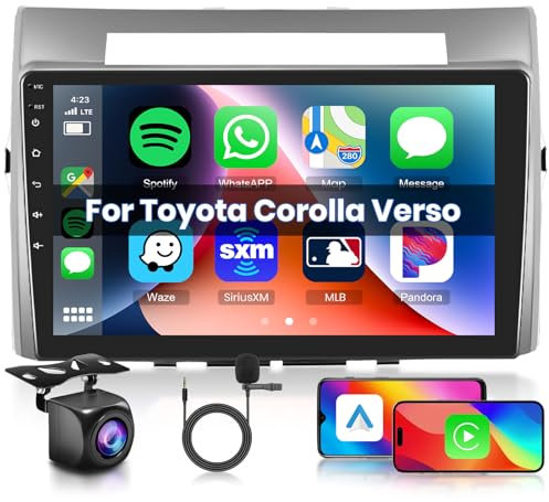 Hodozzy Android Autoradio pour Toyota Corolla Verso 2004-2009 Radio sans Fil Carplay Android Auto, 9 Pouces Écran Tactile Stereo 2 Din Bluetooth HiFi GPS WiFi FM RDS Radio, Caméra de Recul